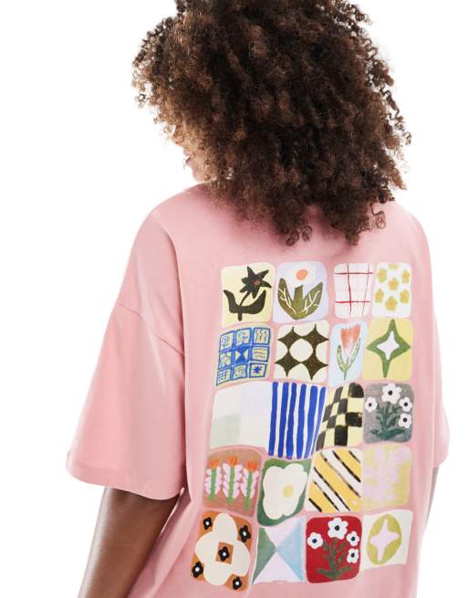 ASOS DESIGN - T-shirt oversize color rosa crepuscolare con grafica a riquadri con fiori