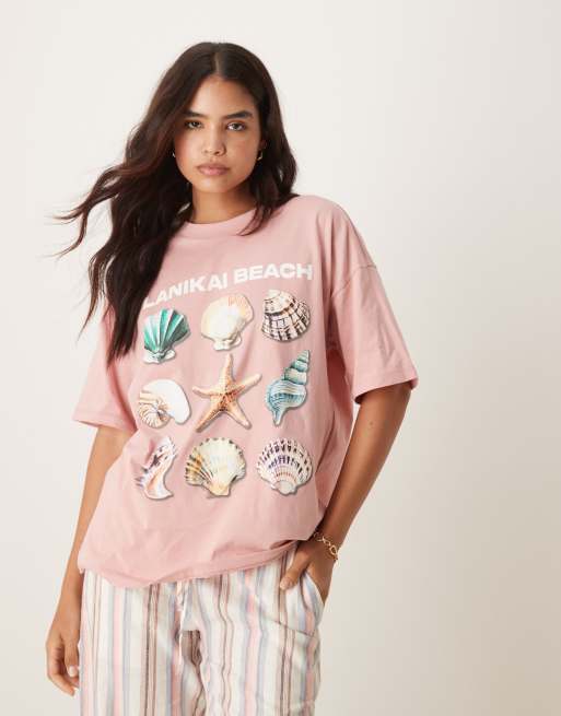 ASOS DESIGN - T-shirt oversize color rosa crepuscolare con grafica di conchiglie