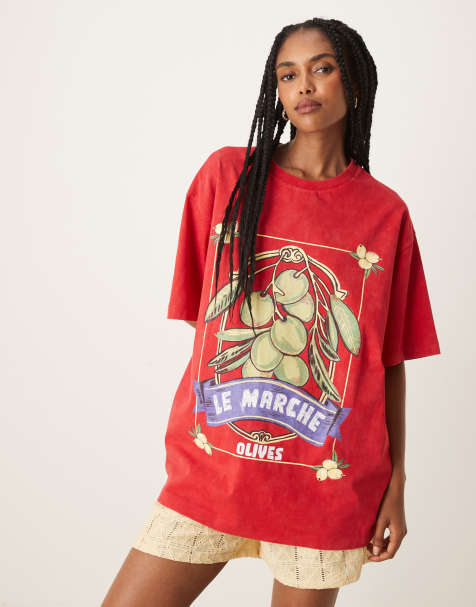 ASOS DESIGN - T-shirt oversize color rosso slavato con grafica di olive - view 1