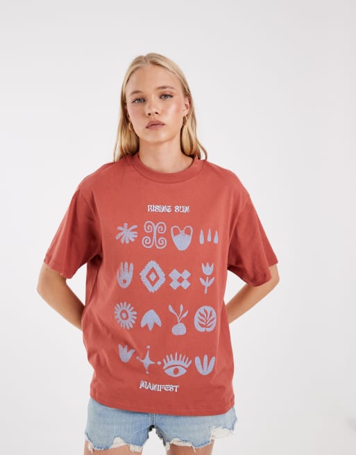 ASOS DESIGN - T-shirt oversize color ruggine con grafica di sole che sorge