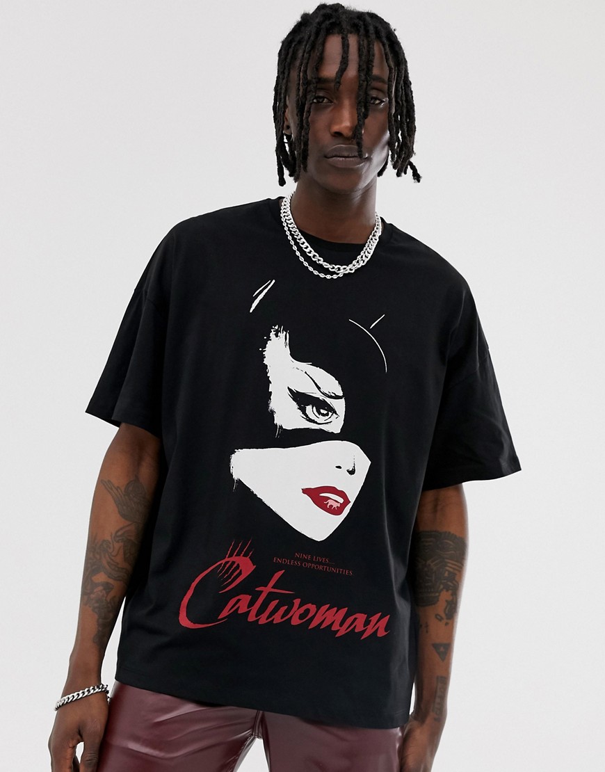 ASOS DESIGN - T-shirt oversize con Catwoman-Nero