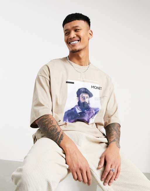 ASOS DESIGN - T-shirt oversize con collo rinforzato e stampa di Claude Monet sul petto colore beige