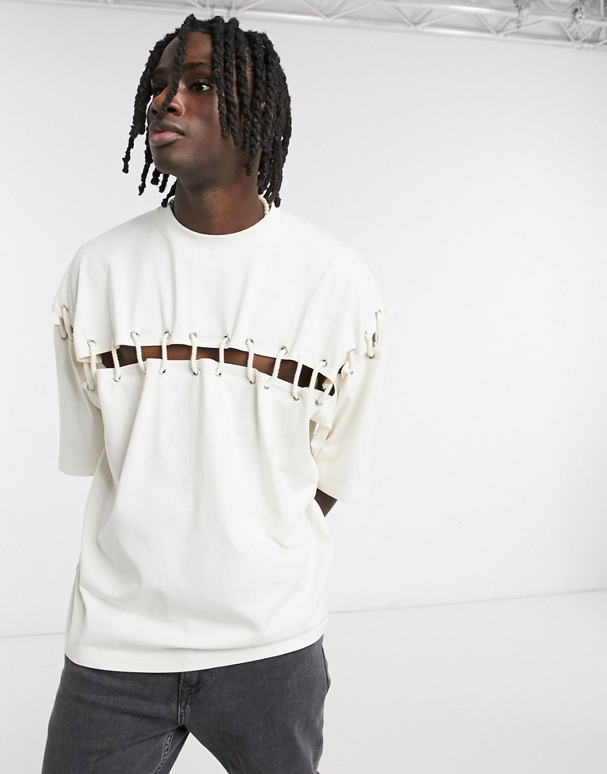 ASOS DESIGN - T-shirt oversize con dettagli in corda-Bianco