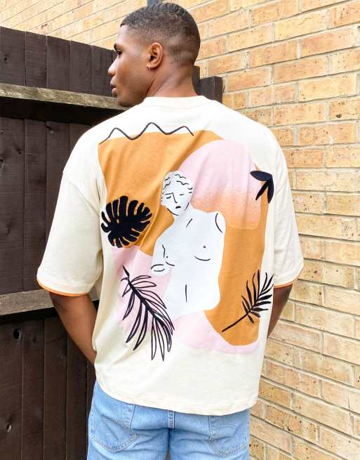 ASOS DESIGN - T-shirt oversize con dettaglio a doppio strato sul collo, tasca sul petto e stampa con statua sul retro