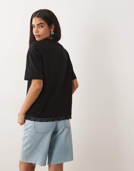 ASOS DESIGN - T-shirt oversize con finiture in pizzo sul fondo, 4 di 4