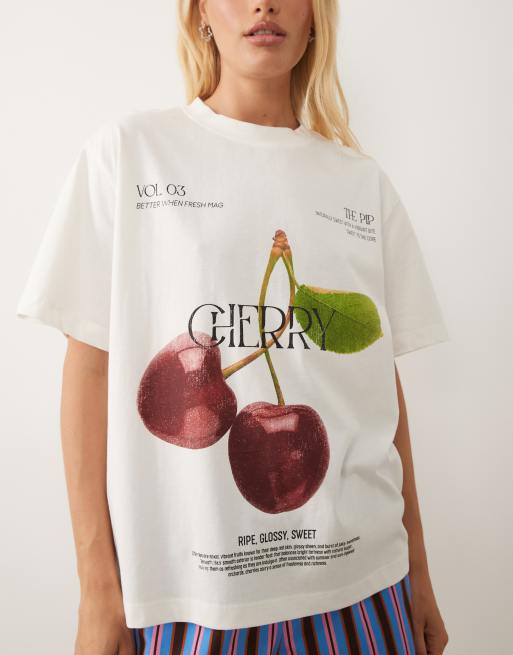 ASOS DESIGN T-shirt oversize con grafica ciliegia in crema, 4 di 4