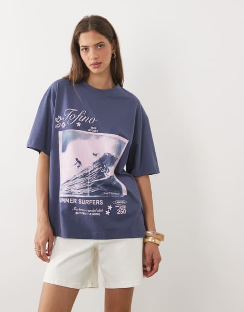 ASOS DESIGN T-shirt oversize con grafica Tofino surfers in blu e rosa - view 1