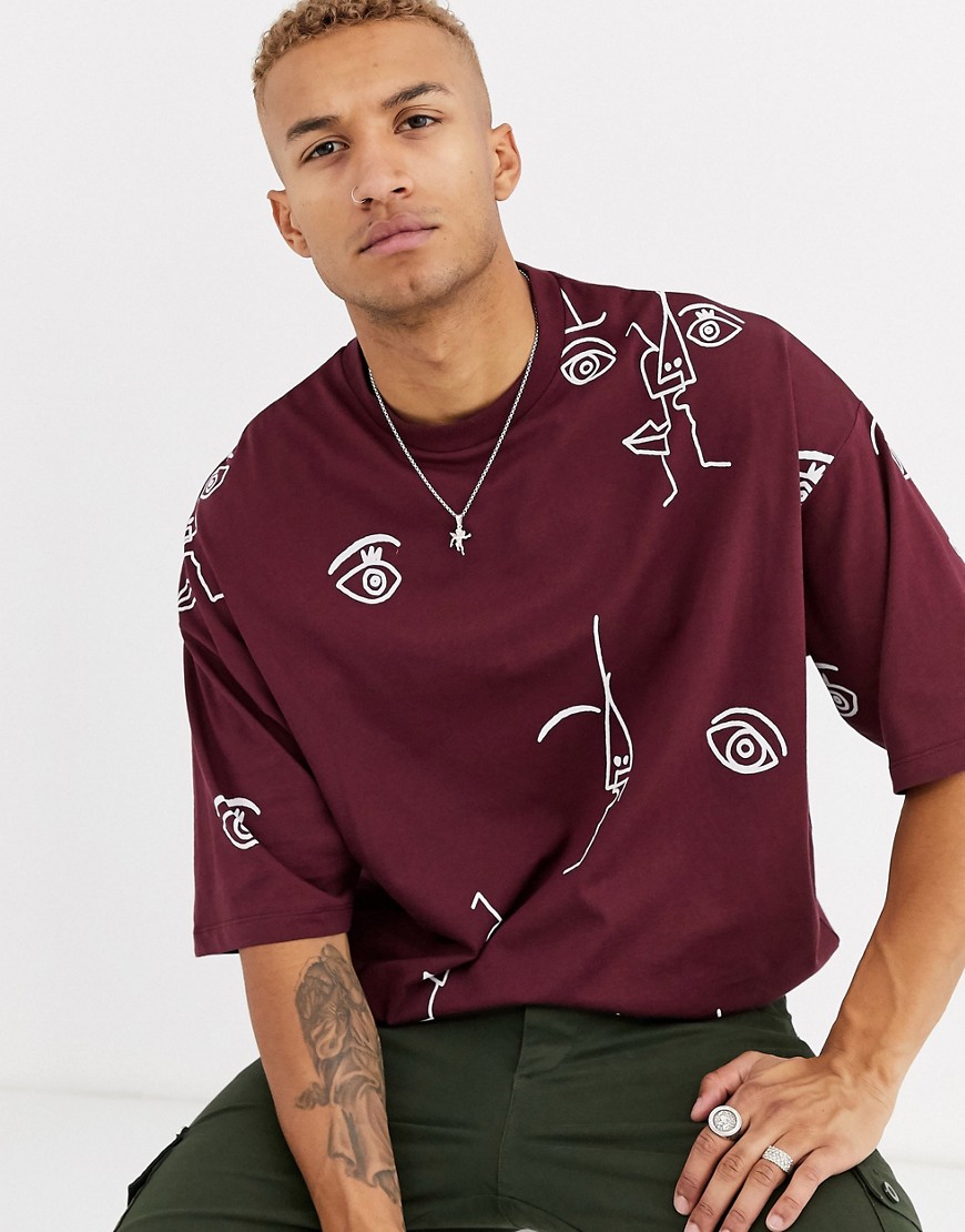 ASOS DESIGN - T-shirt oversize con linee stampate-Rosso