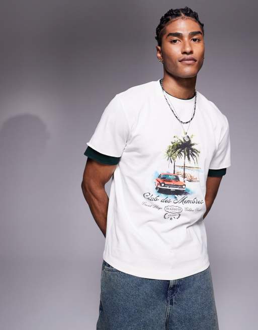 ASOS DESIGN - T-Shirt oversize con maniche a doppio strato color crema con stampa di auto