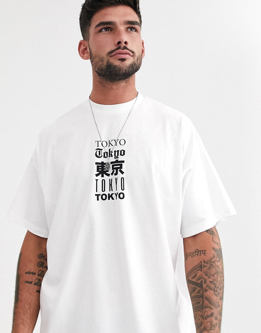 ASOS DESIGN - T-shirt oversize con nomi di città-Bianco
