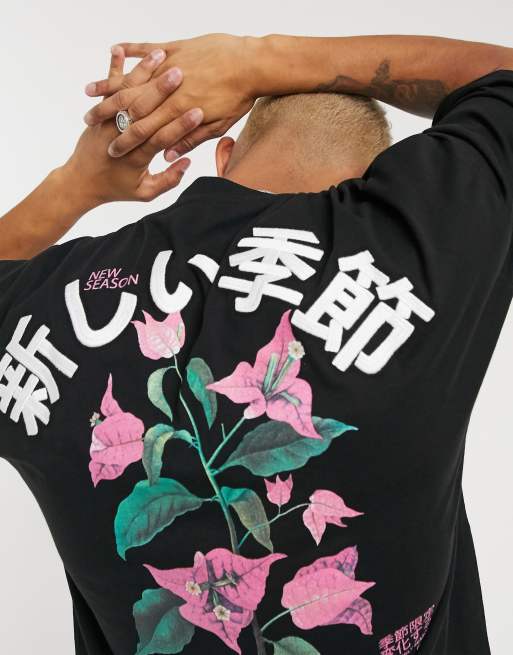 ASOS DESIGN - T-shirt oversize con stampa a fiori grande e scritta sul retro nera