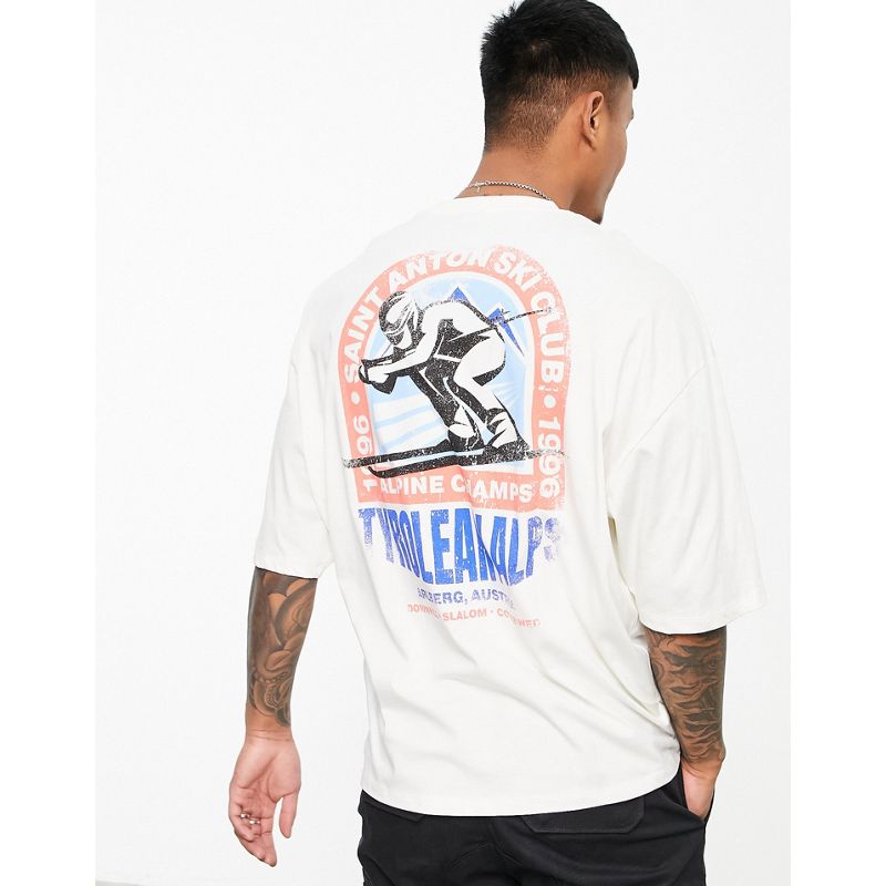Uomo Novità DESIGN - T-shirt oversize con stampa a tema sci sul petto e sul retro, colore bianco