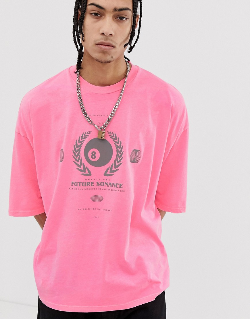 ASOS DESIGN - T-shirt oversize con stampa riflettente fluo slavata-Rosa