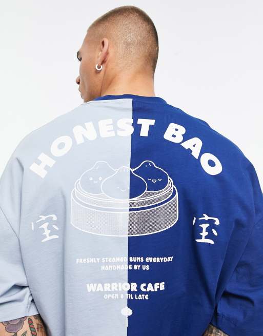 ASOS DESIGN - T-shirt oversize con stampa stile cartone animato sul retro blu color block