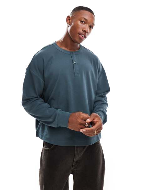 ASOS DESIGN - T-shirt oversize côtelé coupe carrée à manches longues et col boutonné - Vert - view 1