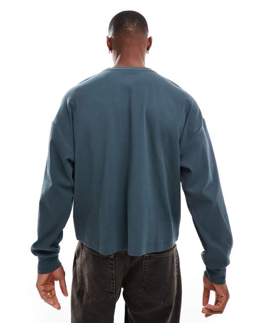 ASOS DESIGN - T-shirt oversize côtelé coupe carrée à manches longues et col boutonné - Vert , 2 de 4