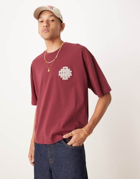 ASOS DESIGN - T-shirt oversize coupe carrée à applique sur le devant - Bordeaux - view 1