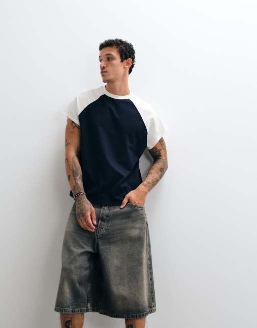 ASOS DESIGN - T-shirt oversize coupe carrée à mancherons - Bleu marine et blanc, 4 de 5