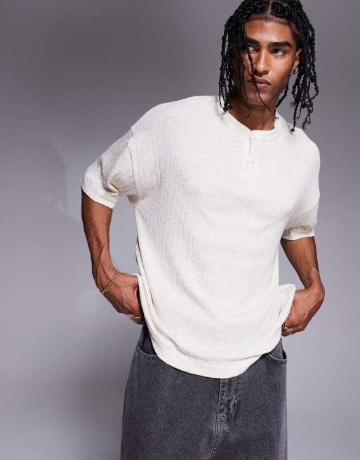 ASOS DESIGN - T-shirt oversize coupe carrée aspect lin à col tunisien - Crème