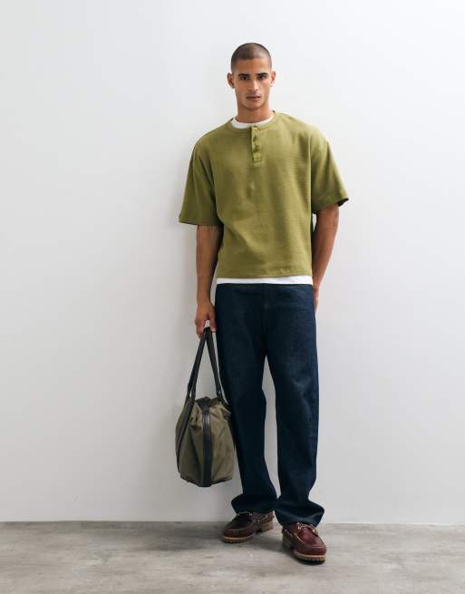 ASOS DESIGN t-shirt oversize coupe carrée avec henley tissé en kaki gaufré, 4 de 5
