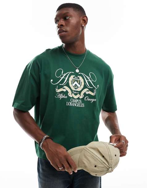 ASOS DESIGN - T-shirt oversize coupe carrée avec imprimé campus à l'avant - Vert - view 1