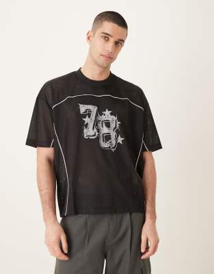 ASOS DESIGN - T-shirt oversize coupe carrée en airtex à liserés et imprimé chiffres - Noir