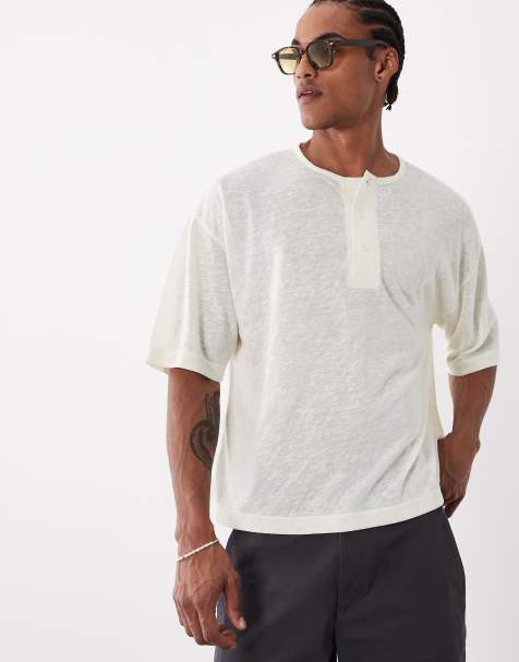 ASOS DESIGN - T-shirt oversize coupe carrée en aspect lin avec col boutonné - Crème - view 1