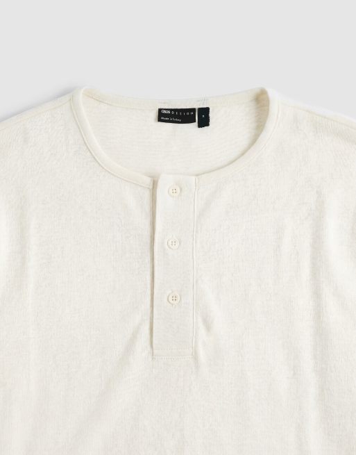 ASOS DESIGN - T-shirt oversize coupe carrée en aspect lin avec col boutonné - Crème, 9 de 9