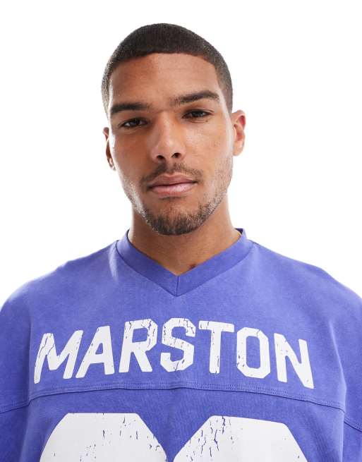 ASOS DESIGN - T-shirt oversize coupe carrée en tissu épais 220 g/m² avec imprimé nombre style sport à l'avant - Bleu délavé