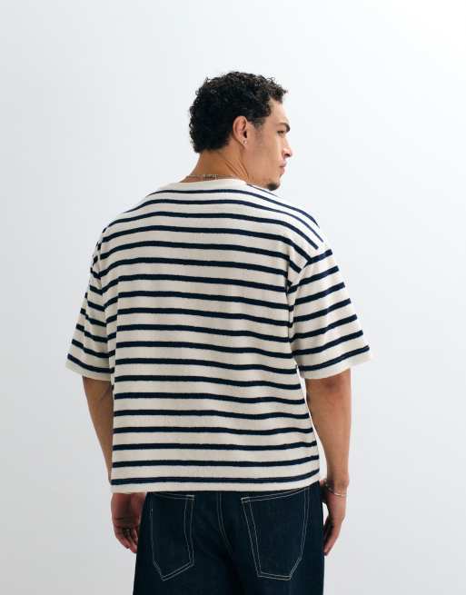 ASOS DESIGN - T-shirt oversize coupe carrée en tissu éponge épais à rayures - Bleu marine, 4 de 5