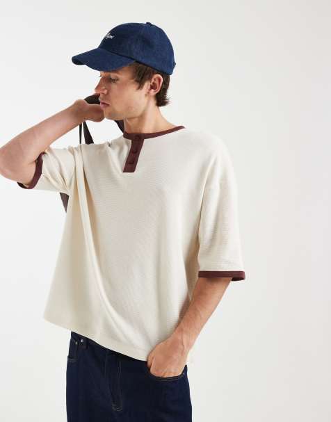 ASOS DESIGN - T-shirt oversize coupe carrée en tissu gaufré avec col boutonné contrastant - Crème - view 1