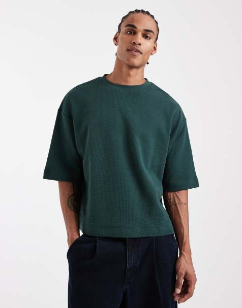 ASOS DESIGN - T-shirt oversize coupe carrée en tissu gaufré avec manches mi-longues - Vert foncé - view 1