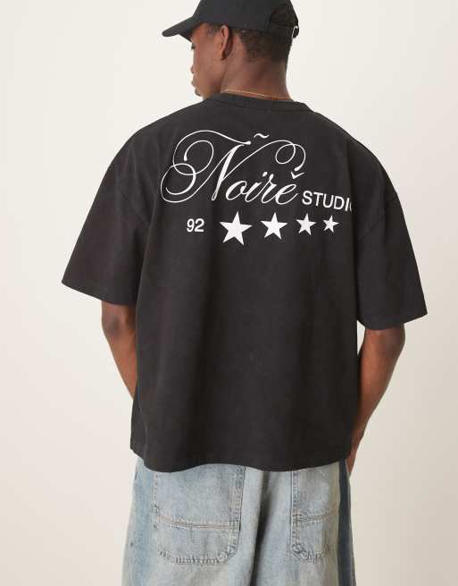 ASOS DESIGN - T-shirt oversize coupe carrée en tissu imprimé épais 220 g/m² - Noir délavé