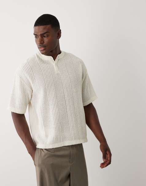 ASOS DESIGN - T-shirt oversize coupe carrée en tissu texturé à col boutonné - Crème - view 1