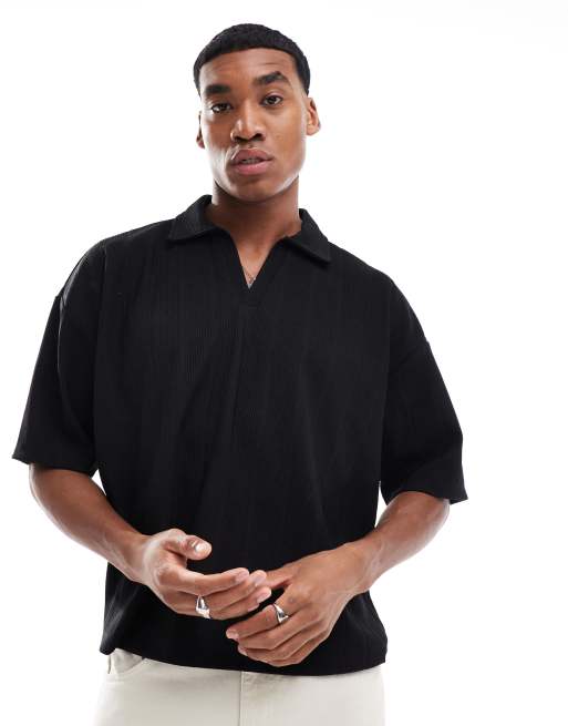 ASOS DESIGN - T-shirt oversize coupe carrée en tissu texturé épais à rayures et col polo - Noir 
