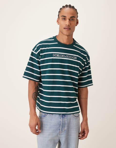 ASOS DESIGN - T-shirt oversize coupe carrée en tissu texturé rayé avec broderie logo - Vert - view 1