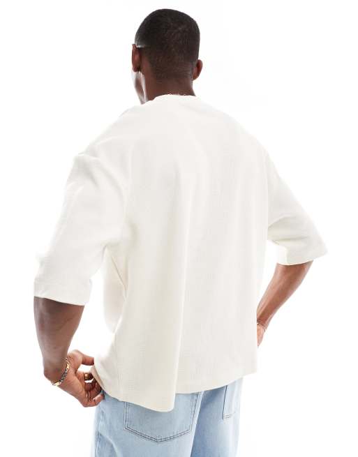 ASOS DESIGN - T-shirt oversize coupe carrée gaufré à manches mi-longues - Beige , 2 de 4