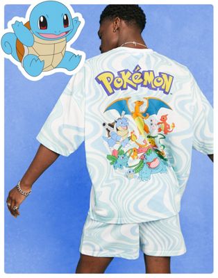 ASOS DESIGN - T-shirt oversize d'ensemble à imprimé Pokémon sur toute la surface - Bleu | ASOS