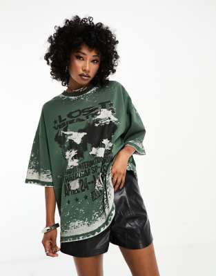 ASOS DESIGN - T-shirt oversize dévoré à motif Lost Vibration - Vert