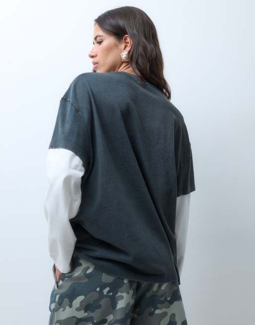ASOS DESIGN t-shirt oversize double épaisseur en gris délavé et crème, 4 de 4