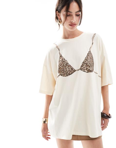 ASOS DESIGN - T-shirt oversize écru con grafica con bikini leopardato - view 1