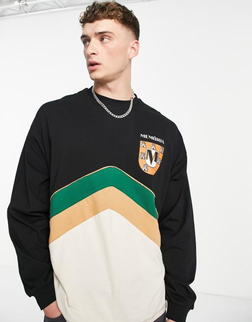 ASOS DESIGN - T-shirt oversize effet color block à manches longues avec écusson sur le devant 