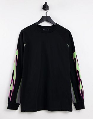 Homme T-shirt oversize effet color block à manches longues imprimées - Noir