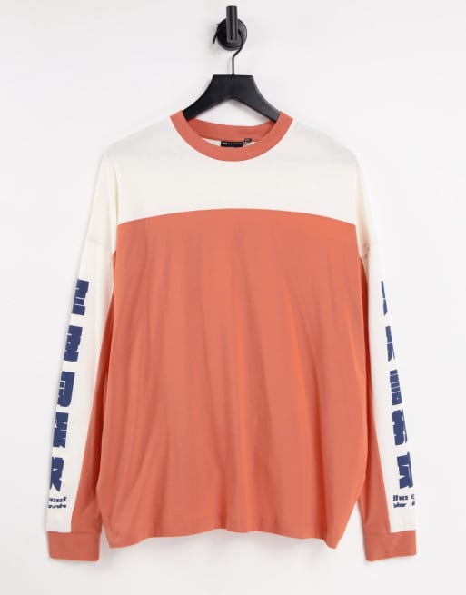 ASOS DESIGN - T-shirt oversize effet color block à manches longues imprimées - Orange