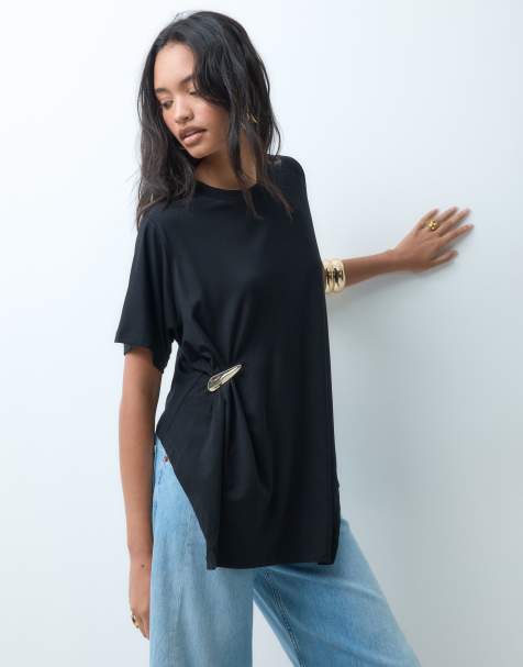 ASOS DESIGN - T-shirt oversize effet drapé avec détail métallique - Noir - view 1