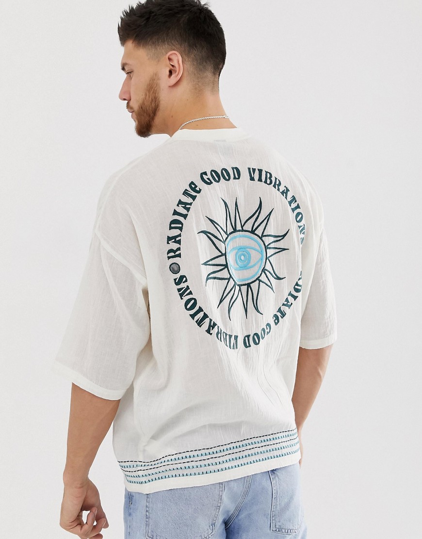 ASOS DESIGN - T-shirt oversize effetto lino con decorazioni e ricami-Bianco