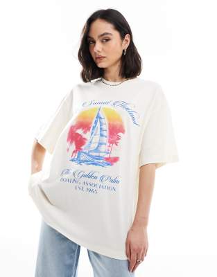 T-shirt oversize en aspect lin avec imprimés bateau et paysage thaïlandais-Blanc S