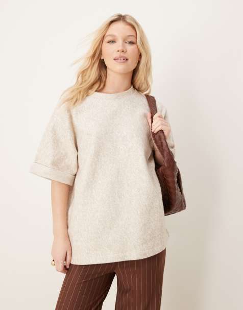 ASOS DESIGN - T-shirt oversize en bouclé avec manches à revers - Beige - view 1