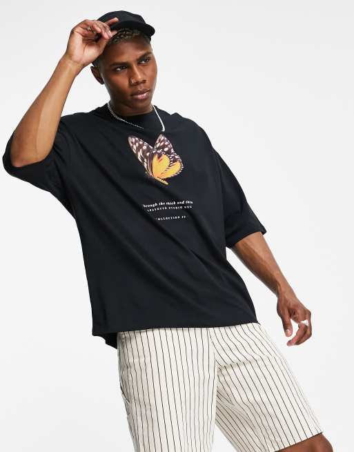 ASOS DESIGN - T-shirt oversize en coton avec texte et papillon imprimés sur le devant - Noir - BLACK