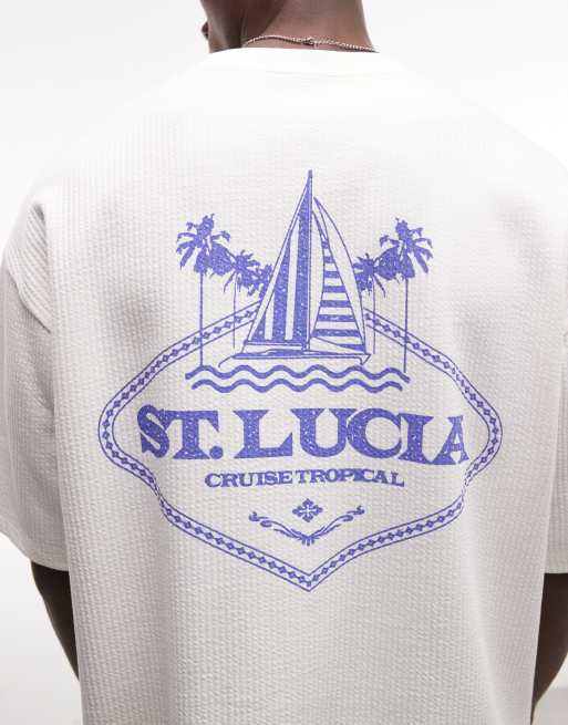 ASOS DESIGN - T-shirt oversize en crépon épais à imprimé St Lucia - Blanc cassé, 3 de 5